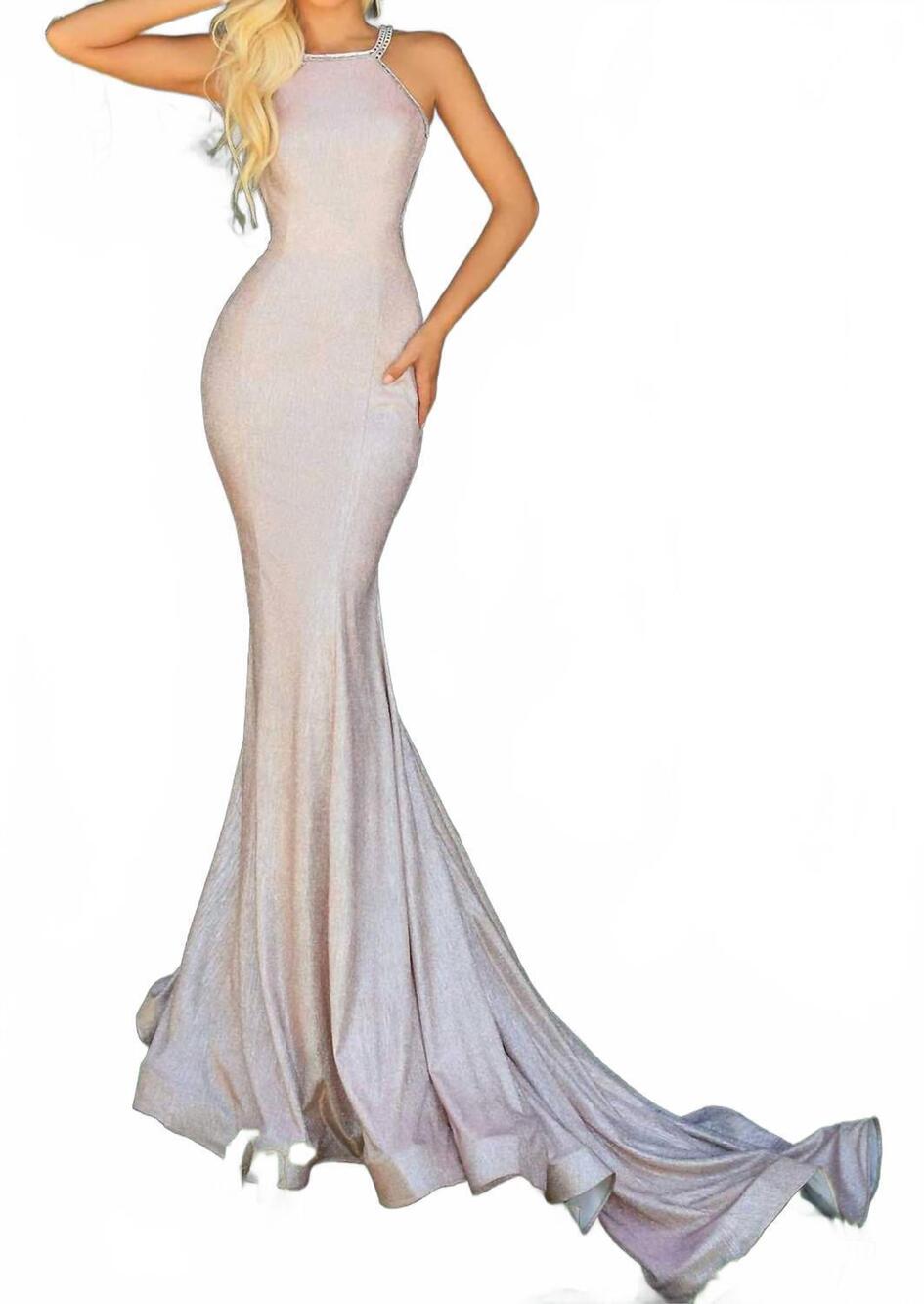 NEW CLARISSE halter glittery open back gown in blush